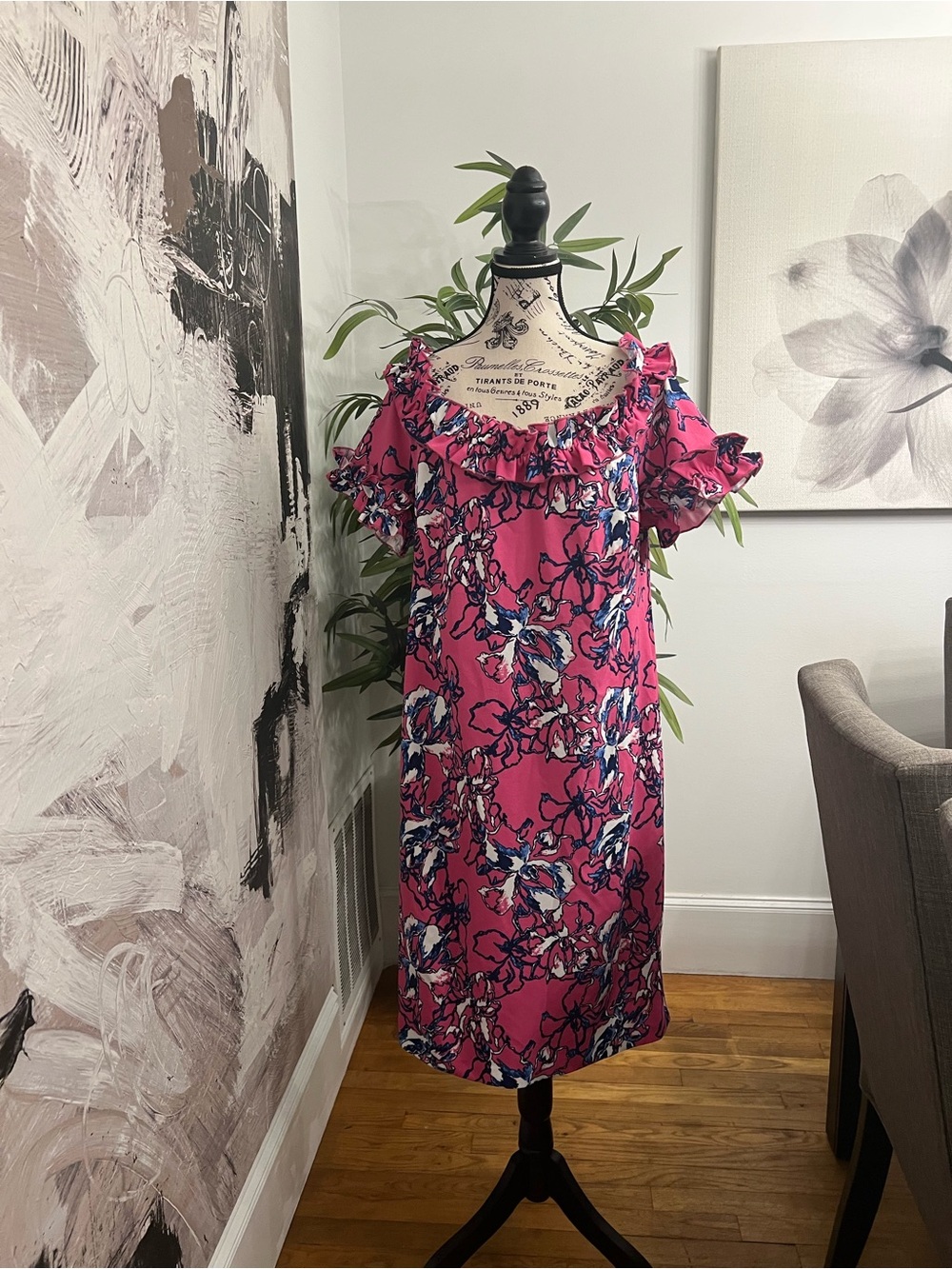 New York & Company Fuchsia Floral Ruffle Midi Dress